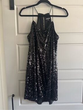 Express Black Sequin Spaghetti Strap Dress with V-Neck